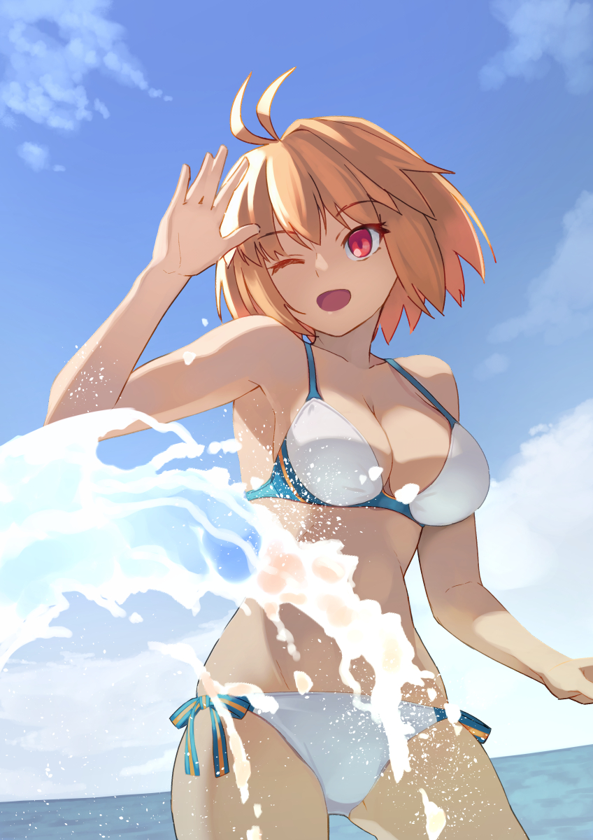 1girl, ahoge, antenna_hair, arcueid_brunestud, bikini, blonde_hair, blue_sky, breasts