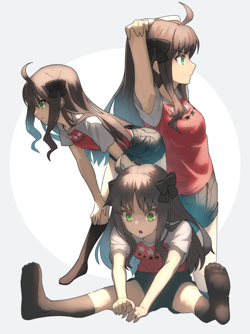 1girl, arima_miyako, bow, brown_hair, green_eyes, grey_background, hair_bow, highres