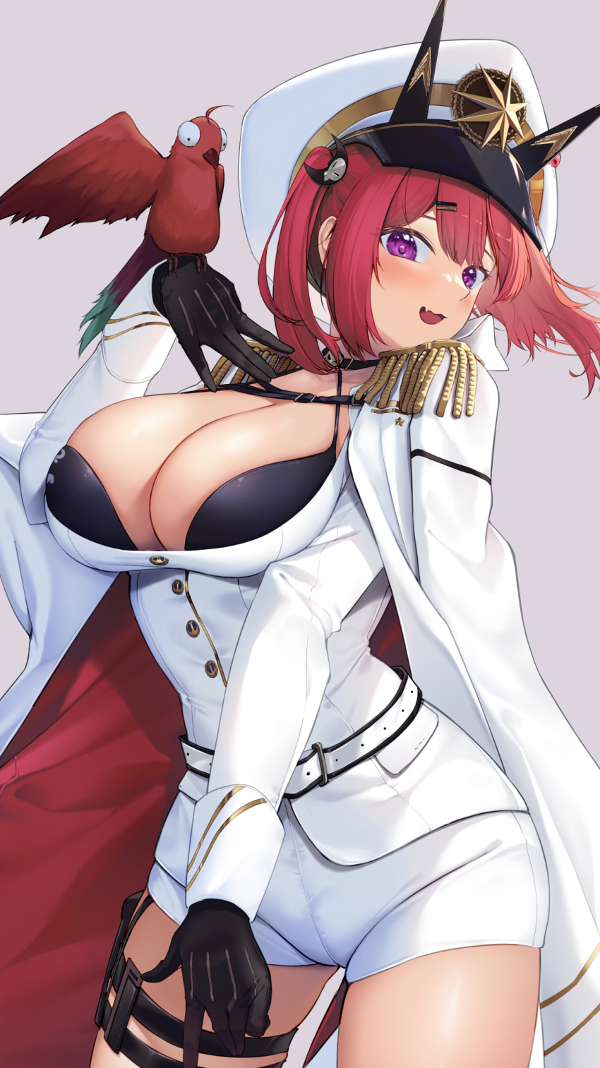 1girl, animal_on_arm, belt, bikini, bird, bird_on_arm, black_bikini, black_gloves, black_hair, blush, breasts, choker, cleavage, coat, coat_on_shoulders, collarbone, commentary_request, cowboy_shot, epaulettes, fang, fujishiro_kuma, gloves, goddess_of_victory:_nikke, grey_background, hair_between_eyes, hair_ornament, hairclip, hand_up, hat, highres, jacket, large_breasts, long_hair, looking_at_viewer, mast_(nikke), morgan_(nikke), multicolored_hair, open_mouth, parrot, partial_commentary, peaked_cap, pink_hair, pouch, purple_eyes, shorts, sidelocks, simple_background, skin_fang, skindentation, skull_choker, skull_hair_ornament, standing, streaked_hair, swimsuit, thigh_pouch, twintails, white_belt, white_coat, white_jacket, white_shorts