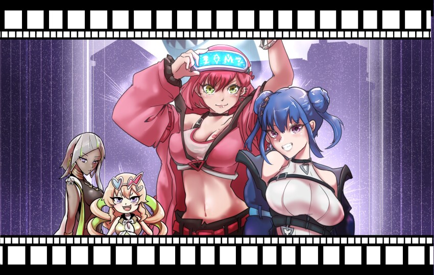 4girls, arms_up, blonde_hair, blue_eyes, blue_hair, breasts, colored_inner_hair, comic_hand