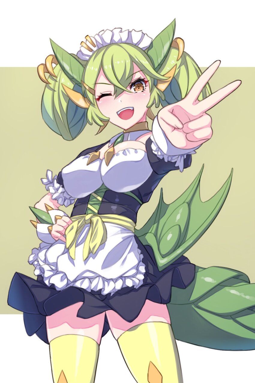 1girl, apron, breasts, dragon_girl, dragon_horns, dragon_tail, dragon_wings, dress, duel_monster, green_hair, green_horns, green_tail, green_wings, highres, horns, lace-trimmed_apron, lace_trim, large_breasts, long_hair, looking_at_viewer, maid, maid_apron, maid_headdress, one_eye_closed, open_mouth, parlor_dragonmaid, puffy_sleeves, short_sleeves, solo, tail, takkayuuki, thighhighs, v, wings, yellow_eyes, yu-gi-oh!