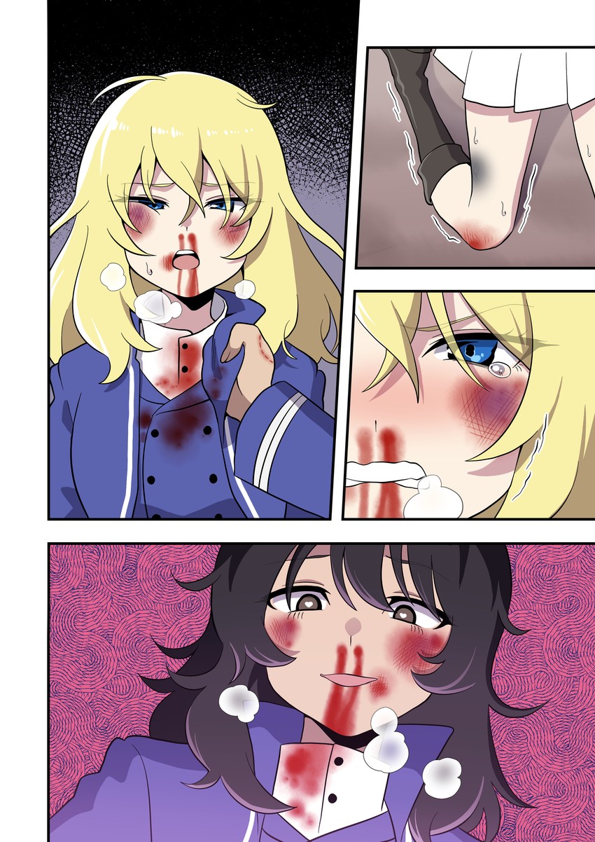 2girls, andou_(girls_und_panzer), bc_freedom_military_uniform, black_footwear, black_hair, blonde_hair, blood, blood_on_clothes, blood_on_face, blue_eyes, blue_jacket, blue_vest, boots, breath, brown_eyes, bruise, bruised_eye, clothes_grab, collar_grab, commentary, dark-skinned_female, dark_skin, dia_(yvirus68), dress_shirt, fighting_stance, frown, girls_und_panzer, glaring, grimace, half-closed_eyes, heart, heart-shaped_pupils, high_collar, highres, injury, jacket, knee_boots, kneeling, long_sleeves, medium_hair, messy_hair, military, military_uniform, miniskirt, multiple_girls, neckwear_grab, nosebleed, open_mouth, oshida_(girls_und_panzer), pleated_skirt, sadism, scraped_knee, shirt, skirt, smile, standing, untranslatable_commentary, symbol-shaped_pupils, tearing_up, trembling, vest, white_shirt, white_skirt, yuri