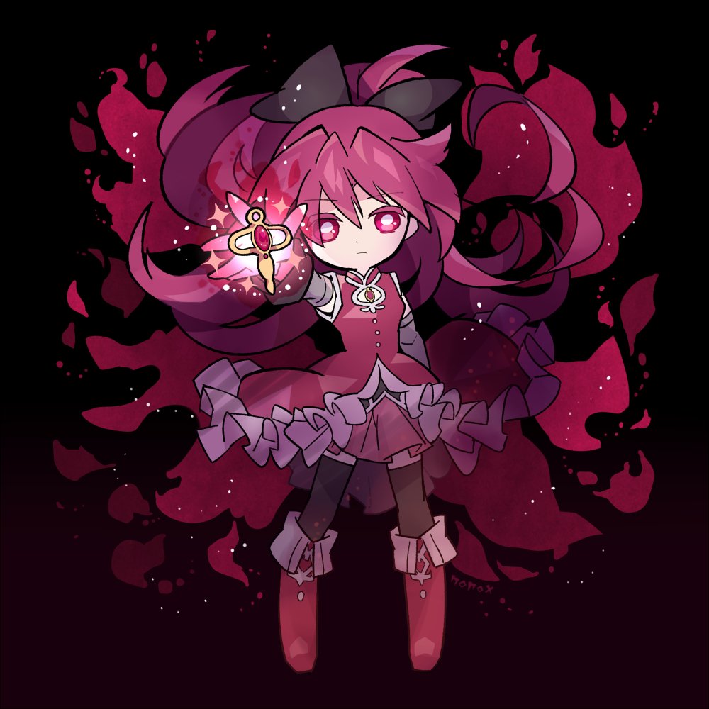 1girl, arm_warmers, black_arm_warmers, black_background, black_bow, black_thighhighs, boots, bow