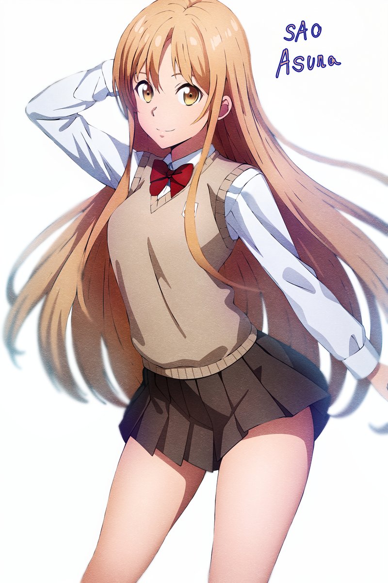 1girl, arm_behind_head, asuna_(sao), black_skirt, bow, bowtie, breasts, brown_eyes, brown_hair, brown_sweater_vest, character_name, closed_mouth, collared_shirt, contrapposto, copyright_name, emblem, feet_out_of_frame, highres, long_hair, long_sleeves, looking_at_viewer, medium_breasts, miniskirt, nuguri444, pleated_skirt, red_bow, red_bowtie, school_emblem, school_uniform, shirt, skirt, smile, solo, straight_hair, sweater_vest, sword_art_online, thighs, very_long_hair, white_shirt