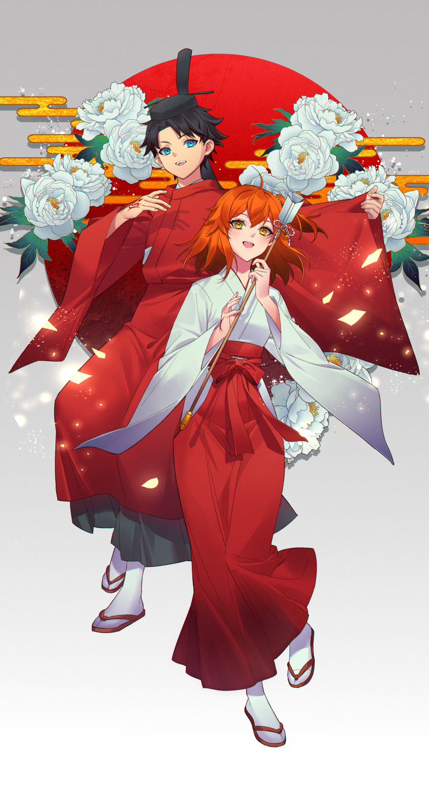 1boy, 1girl, absurdres, ahoge, arrow_(projectile), black_hair, black_hakama, blue_eyes