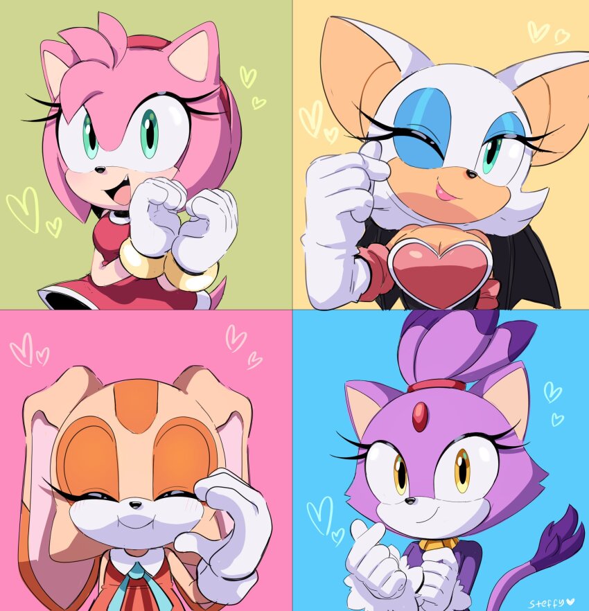 4girls, amy_rose, animal_ears, bad_id, bad_twitter_id, bat_ears, bat_girl, bat_wings, blaze_the_cat, blue_eyeshadow, blue_ribbon, cat_ears, cat_girl, cat_tail, closed_eyes, cream_the_rabbit, dress, eyelashes, eyeshadow, forehead_jewel, fur-trimmed_gloves, fur_trim, furry, furry_female, gloves, gold_necklace, green_eyes, heart, highres, jewelry, makeup, multiple_girls, necklace, one_eye_closed, pink_fur, purple_fur, rabbit_ears, rabbit_girl, red_dress, ribbon, rouge_the_bat, smile, sonic_(series), steffybs, tail, white_fur, white_gloves, wings, yellow_eyes