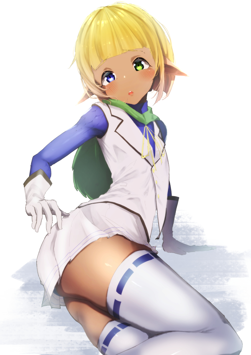 1boy, absurdres, armor, blonde_hair, blue_eyes, blunt_bangs, cape, crossdressing, crossdressing_(mtf), dark_elf, elf, gorioshi0802, green_cape, green_eyes, heterochromia, highres, light_blush, mare_bello_fiore, miniskirt, overlord_(maruyama), panties, pantyshot, pointy_ears, scale_armor, short_hair, skirt, solo, thighhighs, thighs, trap, underwear, vest, white_background, white_panties, white_skirt, white_thighhighs, white_vest