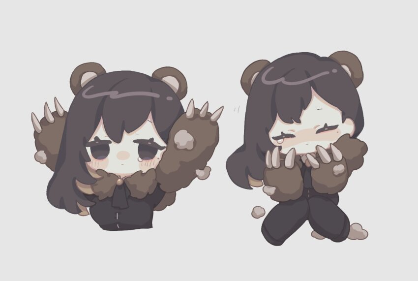 1girl, animal_ears, ascot, bear_ears, bear_girl, binah_(project_moon), black_ascot, black_coat, black_eyes, black_hair, black_pants, blush, claws, closed_eyes, closed_mouth, coat, e.g.o_(project_moon), ee_extension_02, library_of_ruina, multiple_views, pants, project_moon, simple_background, stuffing, tears, the_forgotten_(e.g.o), white_background