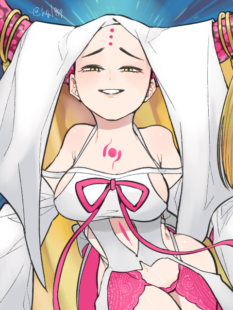 1girl, bald, bald_female, bare_shoulders, breasts, chest_tattoo, clothing_cutout, detached_sleeves, facial_mark, fate/extra, fate/extra_ccc, fate_(series), forehead_mark, forehead_tattoo, grin, horns, large_breasts, looking_at_viewer, navel_cutout, pink_ribbon, ribbon, sessyoin_kiara, sessyoin_kiara_(heaven's_hole), sessyoin_kiara_(third_ascension), smile, solo, tamago_toji, tattoo, thick_thighs, thighs, white_hood, wide_sleeves