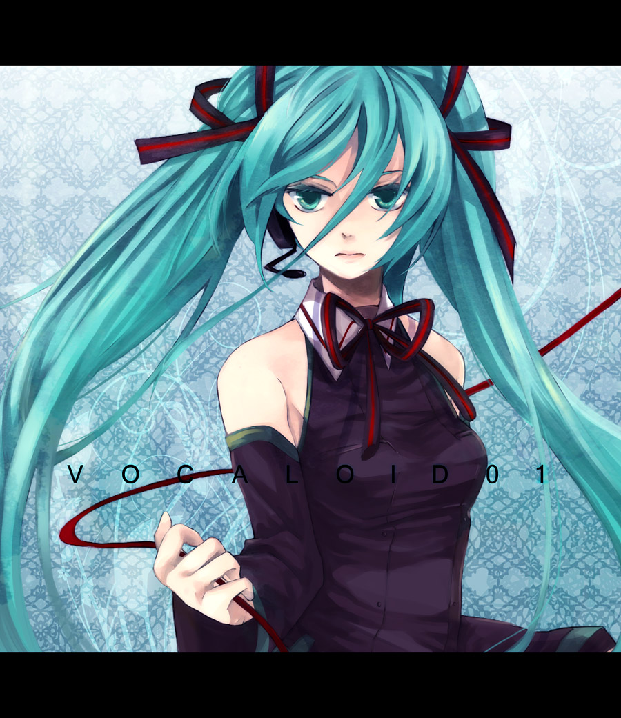 1girl, aqua_eyes, aqua_hair, bow, bowtie, detached_sleeves, female_focus, hatsune_miku, headset, letterboxed, long_hair, naka_53, serious, solo, twintails, very_long_hair, vocaloid