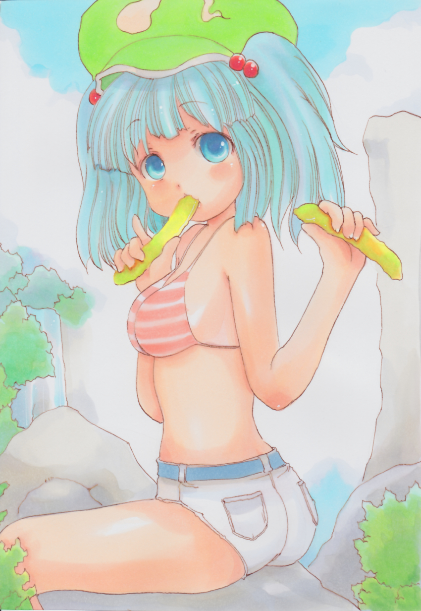 1girl, absurdres, belt, bikini, bikini_top_only, blue_eyes, blue_hair, cucumber