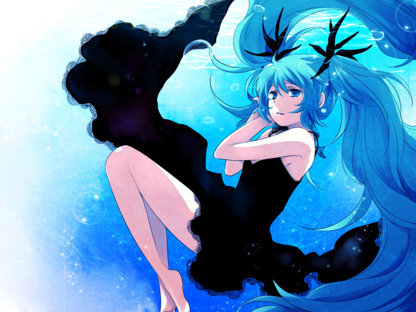 1girl, barefoot, blue_eyes, blue_hair, dress, female_focus, gradient_background, hatsune_miku