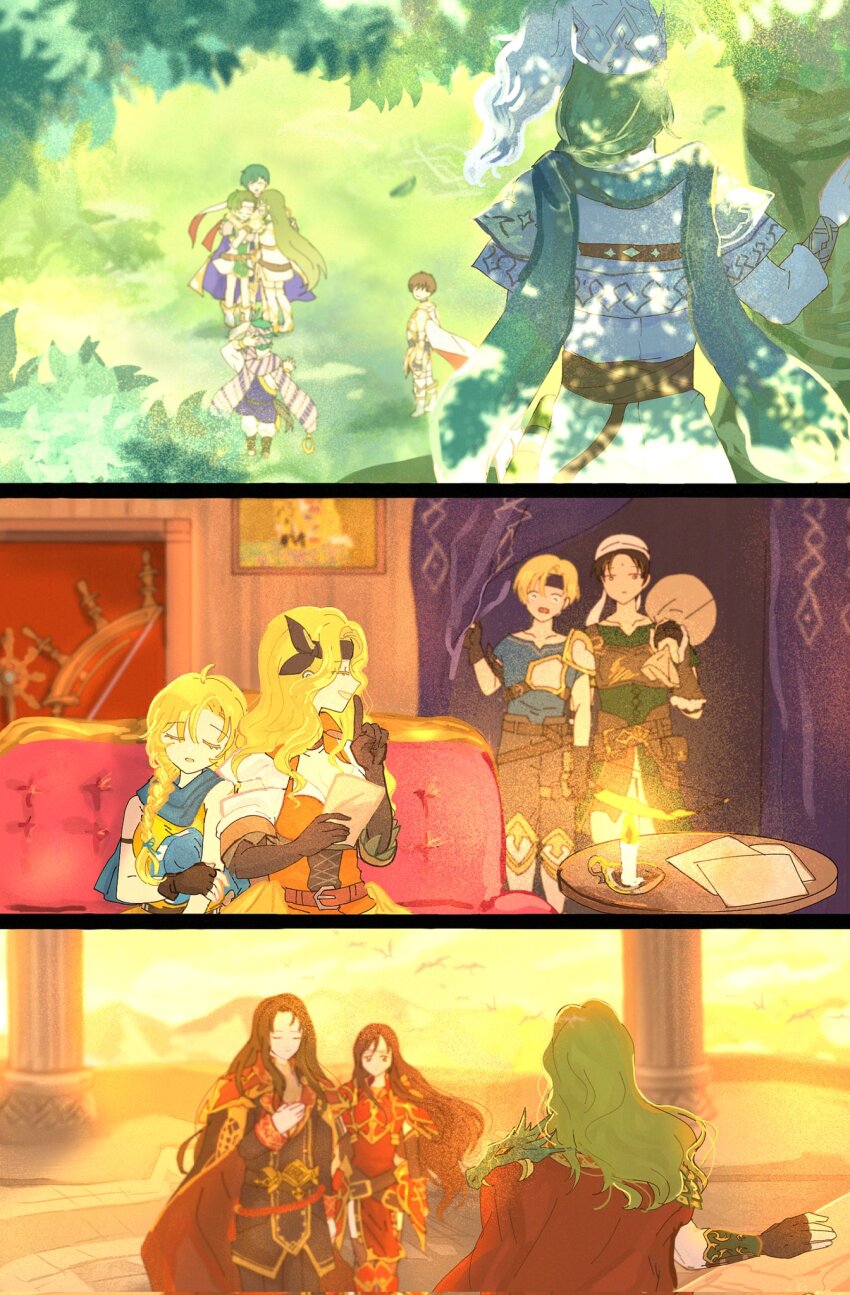 altena_(fire_emblem), arion_(fire_emblem), armor, black_gloves, blonde_hair, brigid_(fire_emblem), brigid_(pirate)_(fire_emblem), brown_hair, cape, ced_(fire_emblem), closed_eyes, erinys_(fire_emblem), father_and_child, father_and_daughter, father_and_son, febail_(fire_emblem), fee_(fire_emblem), fingerless_gloves, fire_emblem, fire_emblem:_genealogy_of_the_holy_war, fire_emblem_heroes, gloves, grass, green_hair, headband, highres, jamke_(fire_emblem), leif_(fire_emblem), lewyn_(fire_emblem), lewyn_(scion)_(fire_emblem), long_hair, looking_at_another, looking_back, looking_to_the_side, mother_and_child, mother_and_daughter, mother_and_son, multiple_boys, multiple_girls, nintendo, on_ground, parent_and_child, patty_(fire_emblem), sasaki_(dkenpisss), scarf, short_hair, sitting, standing, travant_(fire_emblem), tree