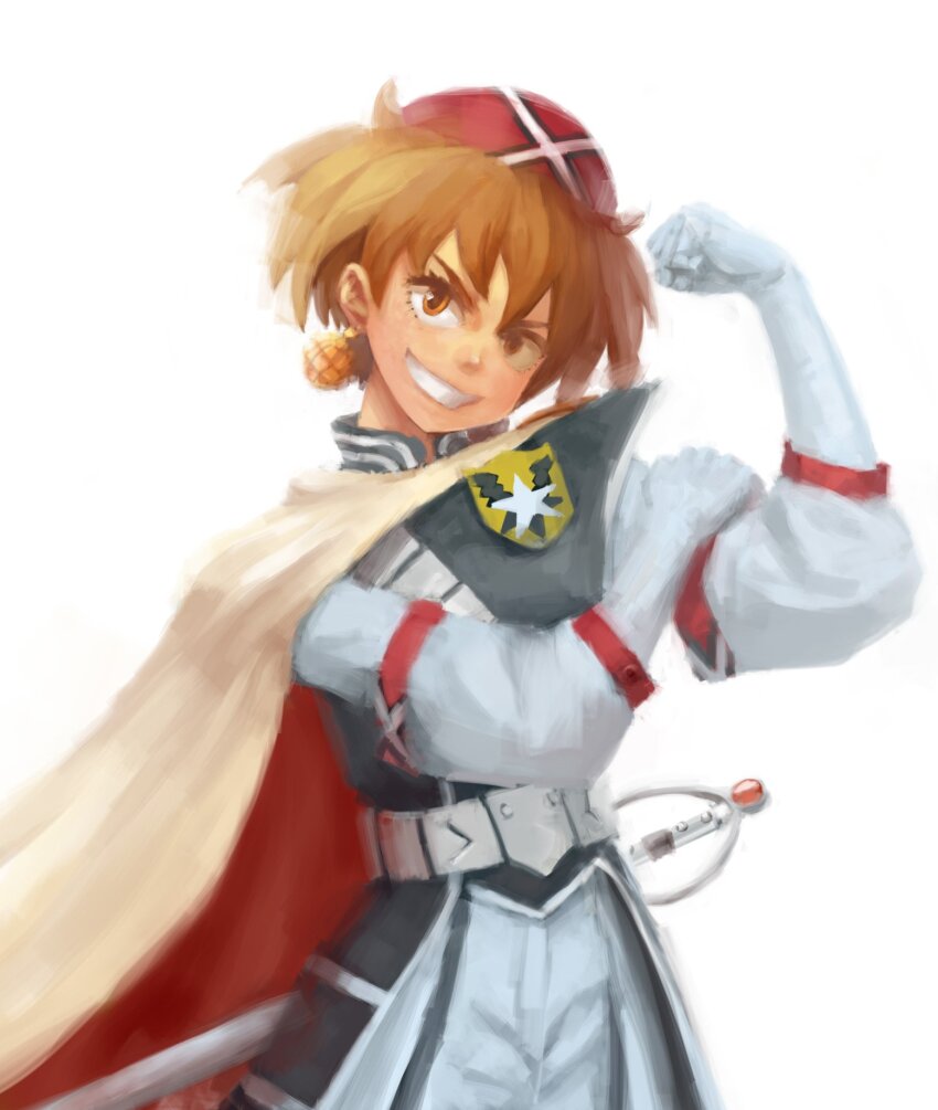 1girl, bras_d'honneur, brown_eyes, brown_hair, cape, gloves, grandia, grandia_i