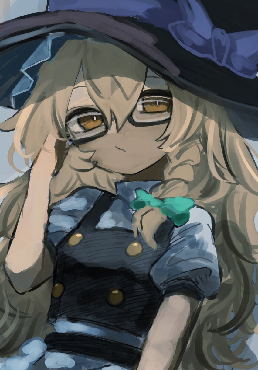 1girl, black-framed_eyewear, black_hat, black_vest, blonde_hair, braid, closed_mouth, glasses