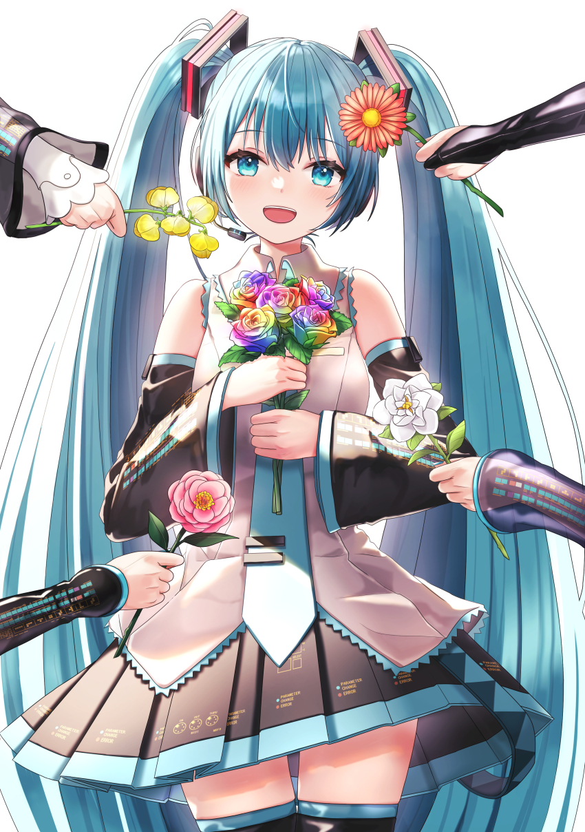 5girls, absurdres, aqua_eyes, aqua_hair, aqua_necktie, bare_shoulders, black_skirt, black_sleeves