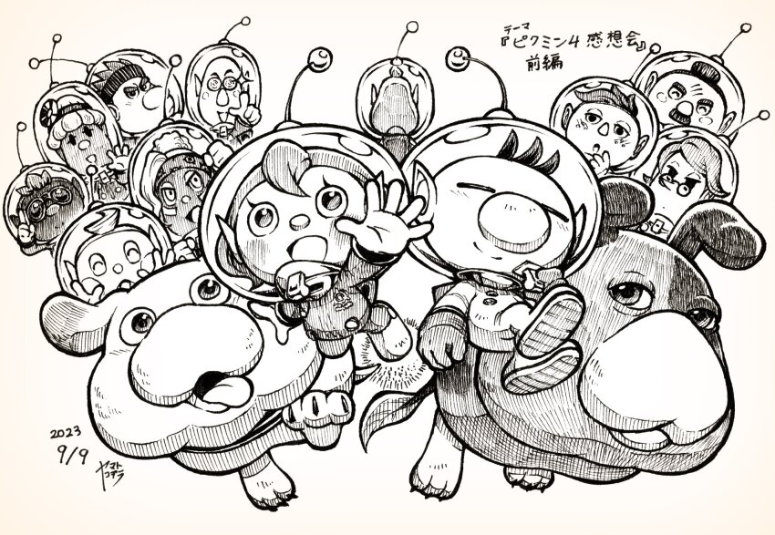 +_+, 3girls, 6+boys, :o, ^_^, alien, animal_collar, artist_name, asymmetrical_bangs, asymmetrical_hair, backpack, bag, bald, bernard_(pikmin), large_nose, blush_stickers, boots, buttons, clenched_hands, closed_eyes, closed_mouth, collar, collin_(pikmin), commentary_request, cowlick, dark-skinned_female, dark-skinned_male, dark_skin, dingo_(pikmin), dog, don_bergman_(pikmin), shepherd_(pikmin), eyelashes, facial_hair, freckles, from_behind, frown, gloves, greyscale, hair_bun, half-closed_eyes, hand_on_own_chin, hand_up, head_mirror, headband, helmet, highres, holding, holding_whistle, ink_(medium), leaf, logo, long_bangs, looking_at_viewer, louie_(pikmin), marking_on_cheek, mohawk, monochrome, moss_(pikmin), multiple_boys, multiple_girls, mustache, nelle_(pikmin), nintendo, novelty_glasses, oatchi_(pikmin), olimar, open_mouth, pikmin_(series), pikmin_4, pointing, pointing_at_viewer, pointy_ears, pointy_nose, rescue_officer_(pikmin), radio_antenna, reaching, reaching_towards_viewer, round_eyewear, russ_(pikmin), salute, short_hair, signature, single_hair_bun, smile, solid_oval_eyes, space_helmet, spacesuit, sparkle, spoilers, sunglasses, thick_eyebrows, tongue, traditional_media, translation_request, v-shaped_eyes, very_short_hair, whistle, yamato_koara, yonny_(pikmin), yorke_(pikmin)