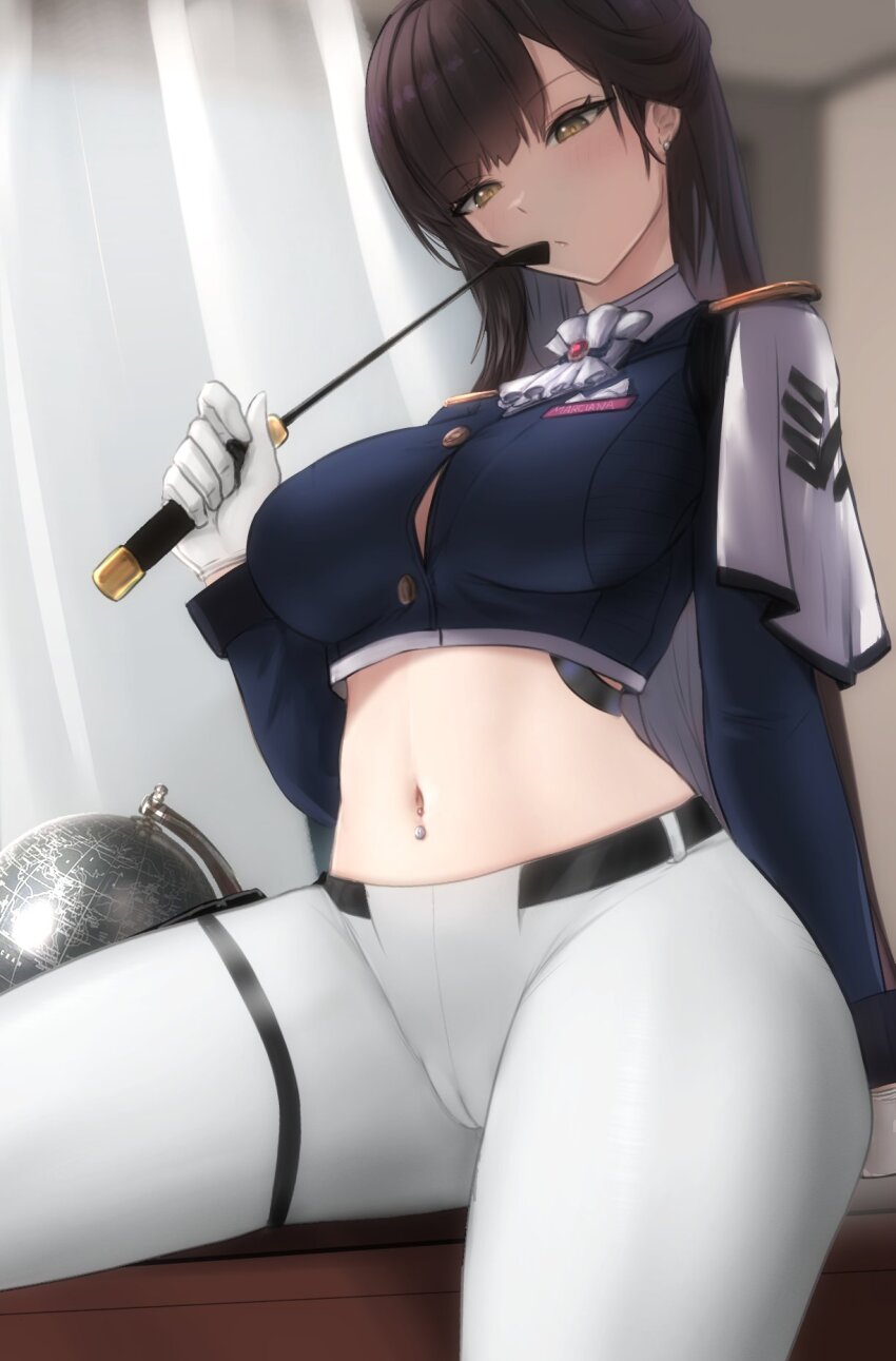 1girl, ascot, blue_jacket, blush, breasts, brown_eyes, brown_hair, button_gap