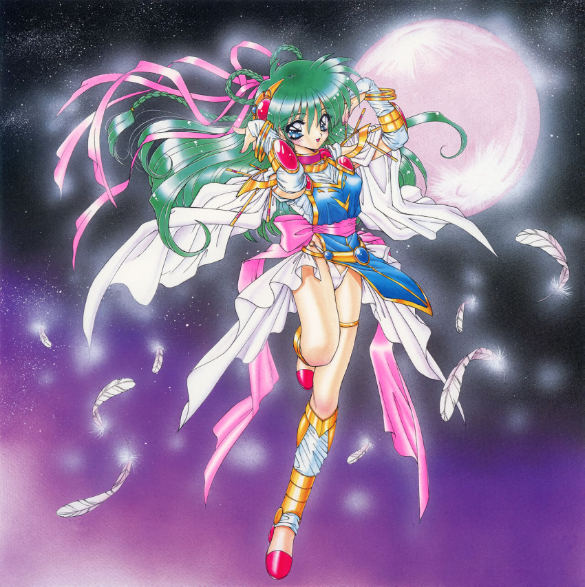 1990s_(style), 1girl, arms_up, blue_eyes, bracelet, braid, bridal_gauntlets, can_can_bunny, can_can_bunny_extra, cape, feathers, floating_hair, full_body, full_moon, gold_trim, green_hair, hair_ribbon, highres, himuro_miyuki, jewelry, long_hair, moon, night, non-web_source, official_art, open_mouth, ramiya_ryou, retro_artstyle, ribbon, sky, solo, star_(sky), starry_sky, swatty_(can_can_bunny), thighlet