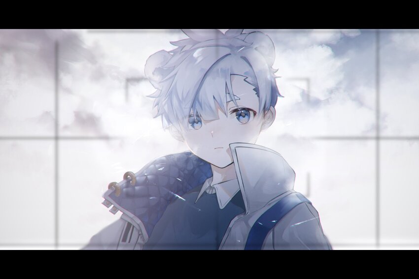 1boy, animal_ears, bear_ears, blue_eyes, cloud, cloudy_sky, commentary, english_commentary, extra_ears, highres, indoors, jacket, kauri097, kemonomimi_mode, looking_at_viewer, male_focus, original, shirt, sky, solo, sweater, upper_body, white_hair, white_jacket