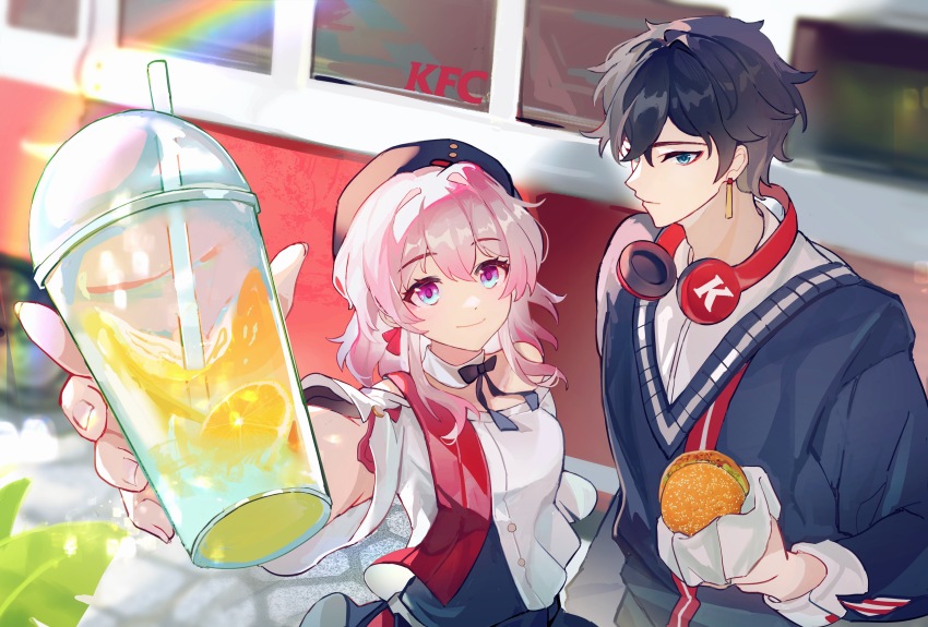 1boy, 1girl, absurdres, bare_shoulders, beret, black_bow, blue_eyes, bow