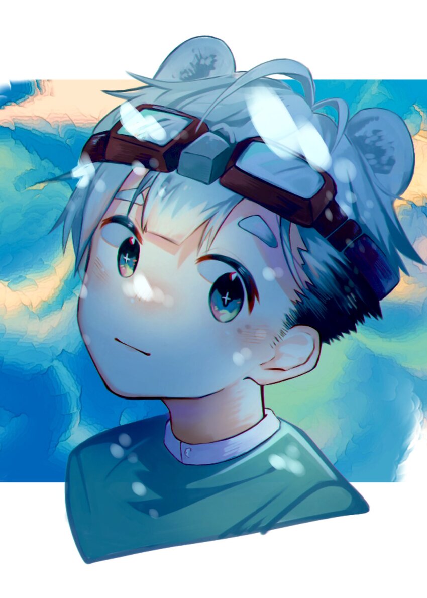 +_+, 1boy, animal_ears, bear_ears, blue_eyes, close-up, closed_mouth, extra_ears, goggles, goggles_on_head, highres, kauri097, kemonomimi_mode, looking_at_viewer, male_focus, original, portrait, solo