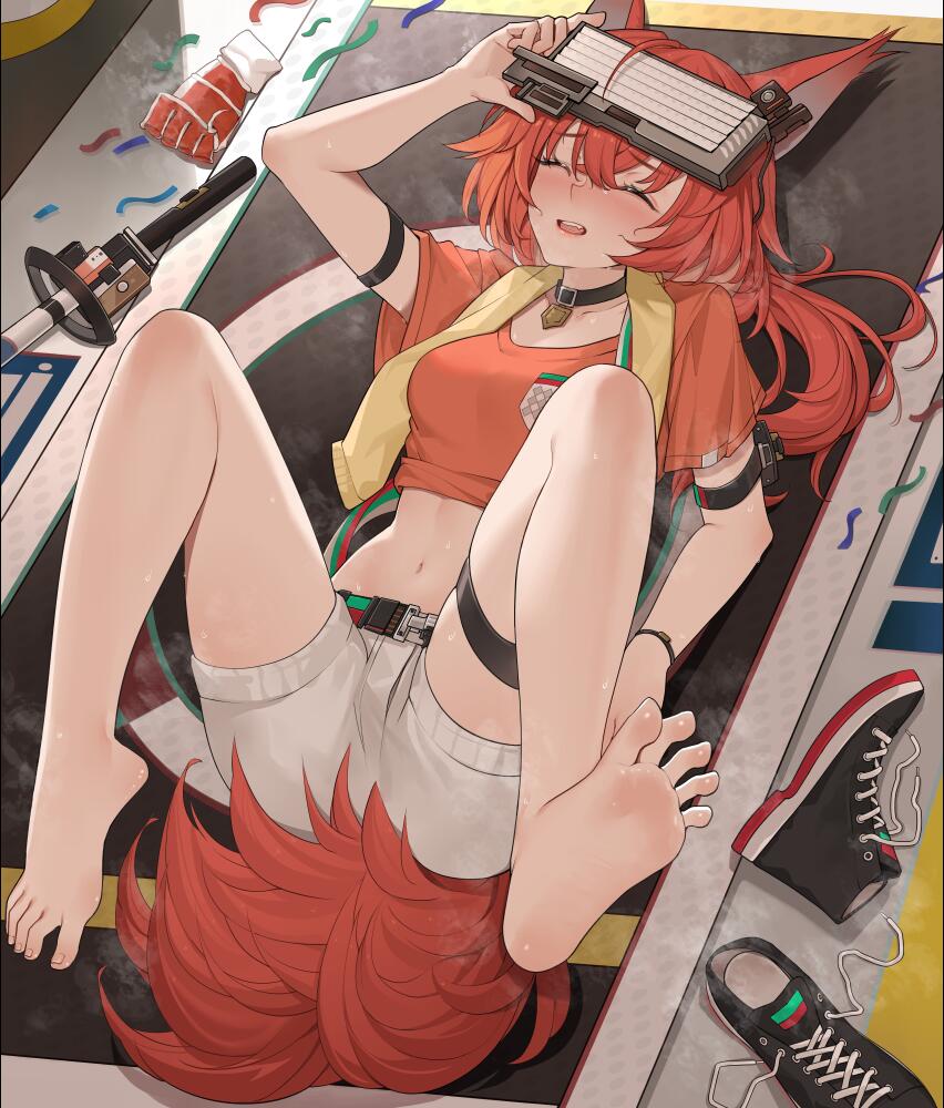 1girl, ^_^, animal_ears, arknights, arm_strap, arm_up, barefoot, black_choker, breasts, choker, closed_eyes, commentary_request, crop_top, feet, flametail_(arknights), flametail_(sport_for_all)_(arknights), head-mounted_display, knees_up, legs, long_hair, midriff, navel, official_alternate_costume, open_mouth, orange_hair, orange_shirt, shirt, short_shorts, short_sleeves, shorts, small_breasts, soles, solo, spread_toes, squirrel_ears, squirrel_tail, stomach, tail, thigh_strap, thighs, toes, white_shorts, xssh