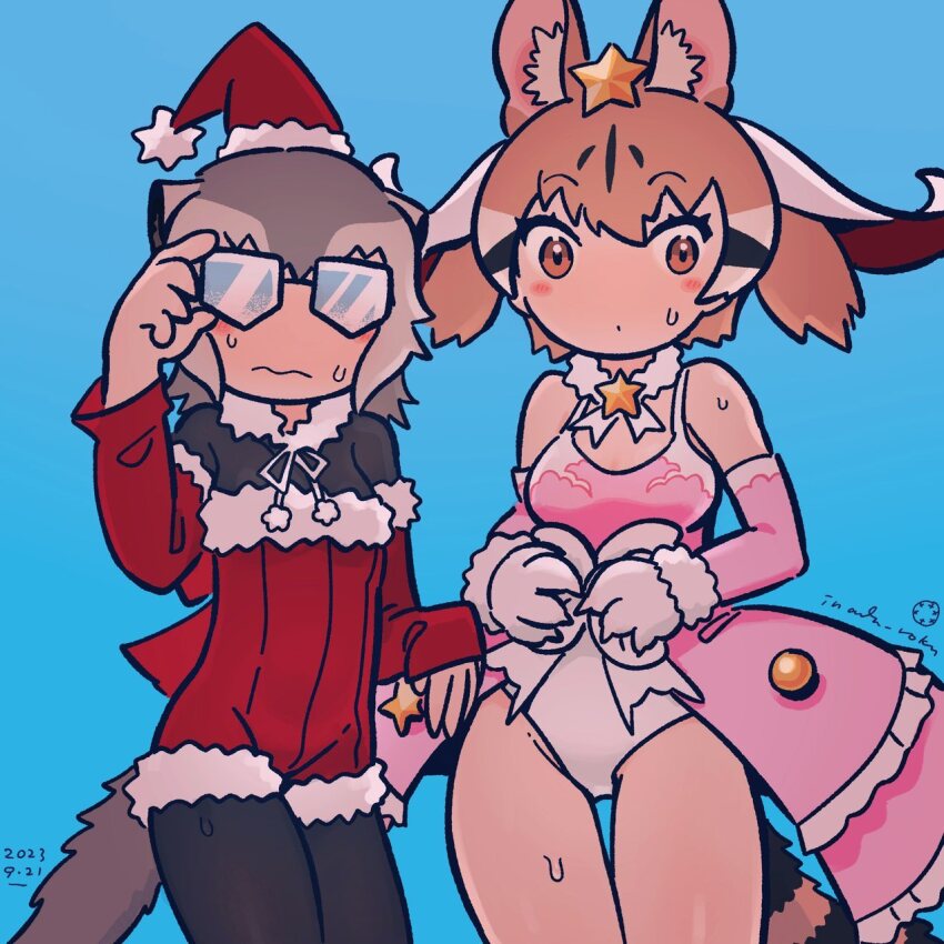 2girls, animal_ears, blue_background, blush, brown_eyes, brown_hair, christmas, dress