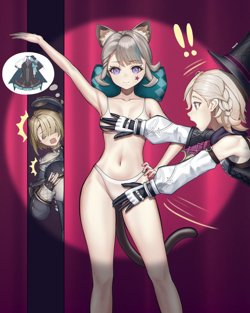 !, !!, 1girl, 2boys, absurdres, androgynous, animal_ear_fluff, animal_ears, aqua_bow, beret, black_headwear, bow, brother_and_sister, brothers, cat_ears, cat_girl, cat_tail, closed_mouth, covering_another's_breasts, covering_another's_crotch, facial_mark, freminet_(genshin_impact), genshin_impact, gloves, hair_over_one_eye, hand_on_own_hip, hat, highres, lynette_(genshin_impact), lyney_(genshin_impact), multiple_boys, navel, pers_(genshin_impact), purple_eyes, siblings, sneeze_(snze), star_(symbol), star_facial_mark, star_tattoo, tail, tattoo, translation_request, two-tone_gloves, underwear