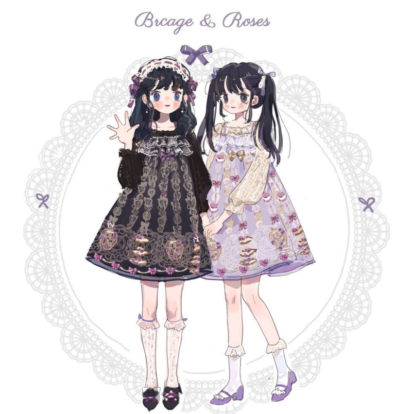 2girls, birdcage, black_dress, black_eyes, black_footwear, black_hair, black_shirt, blue_eyes