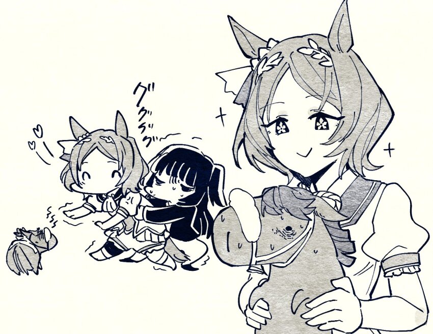 2girls, :>, akeishi_tsubaki, anger_vein, animal, animal_ears, animalization, blunt_bangs