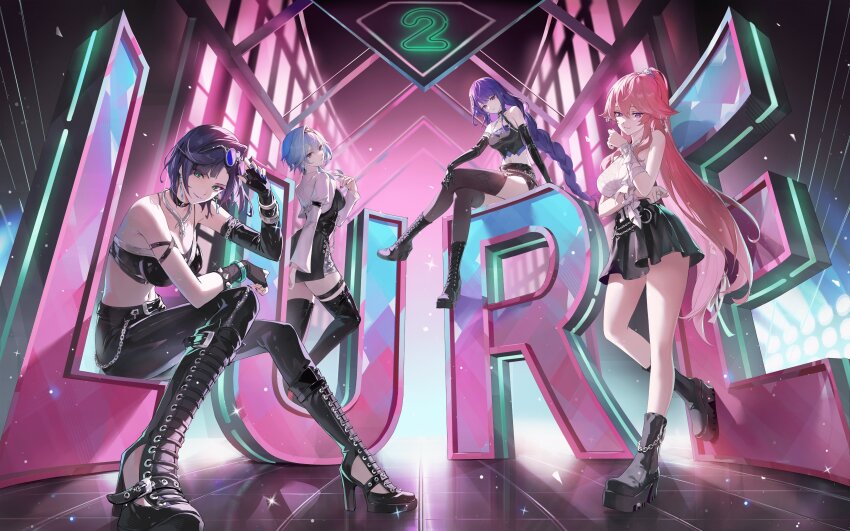 0jae, 4girls, absurdres, alternate_costume, ankle_boots, black_boots, blue_hair, boots