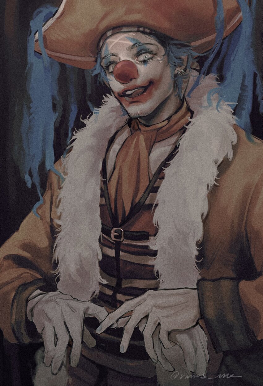 1boy, absurdres, bicorne, blue_hair, buggy_the_clown, clown, clown_nose, earrings, film_grain, hat, highres, jacket, jewelry, looking_at_viewer, makeup, male_focus, one_piece, one_piece_(live_action), open_mouth, orange_jacket, red_nose, shirt, signature, striped_clothes, striped_shirt, upper_body, vamos_mk