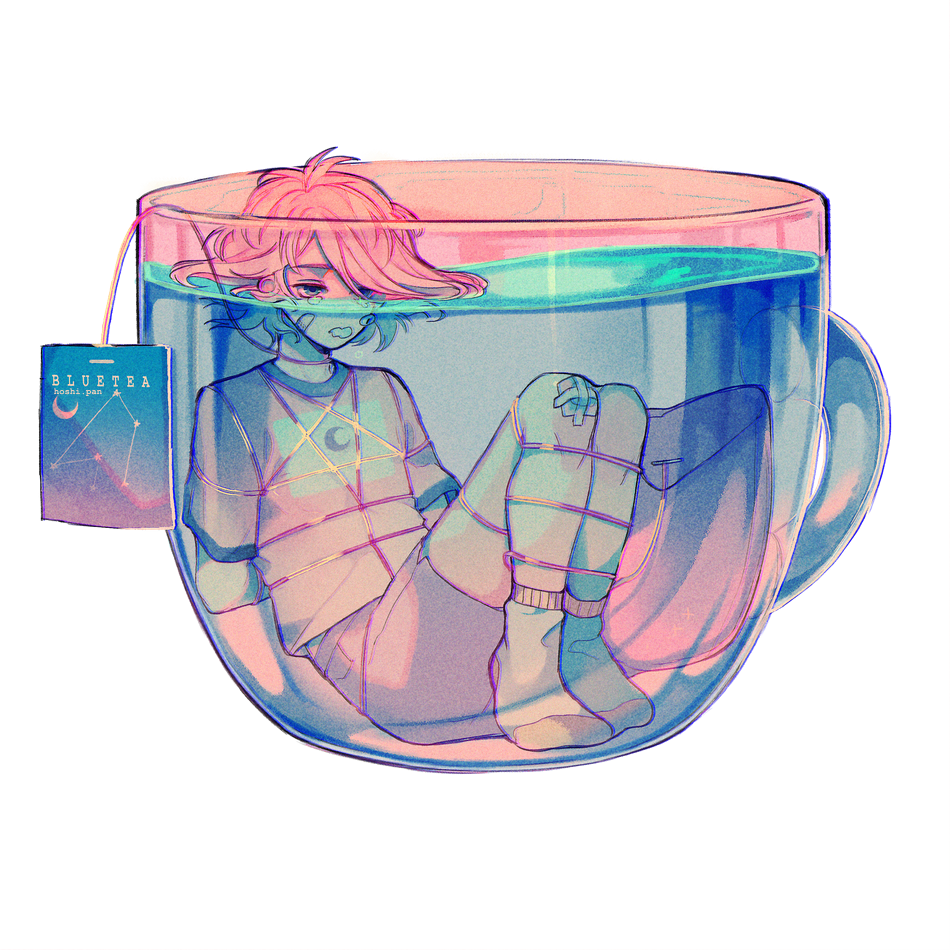 1boy, ankle_socks, arms_behind_back, artist_name, bandaid, bandaid_on_face, bandaid_on_knee, bandaid_on_leg, bdsm, blue_eyes, blue_shorts, bondage, bound, bound_arms, bound_legs, blowing_bubbles, commentary, constellation_print, crescent_print, crying, crying_with_eyes_open, cup, english_commentary, english_text, full_body, hoshi-pan, in_container, in_cup, making-of_available, male_focus, original, oversized_object, pink_hair, rope_around_neck, shirt, short_hair, short_sleeves, shorts, sitting, socks, solo, submerged, t-shirt, teabag, teacup, tears, transparent_background, white_shirt, white_socks