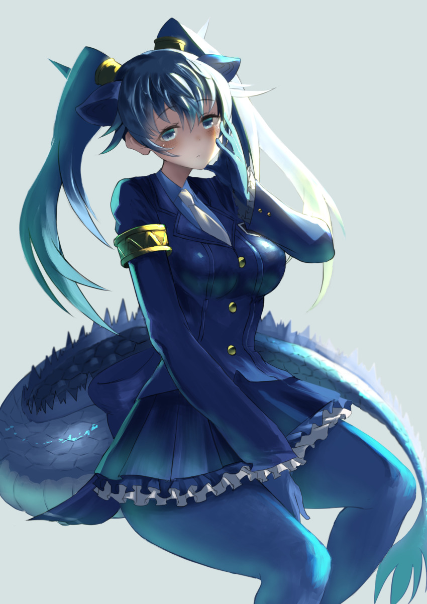 1girl, blue_eyes, blue_gloves, blue_hair, blue_jacket, blue_pantyhose, blue_shirt, blue_skirt
