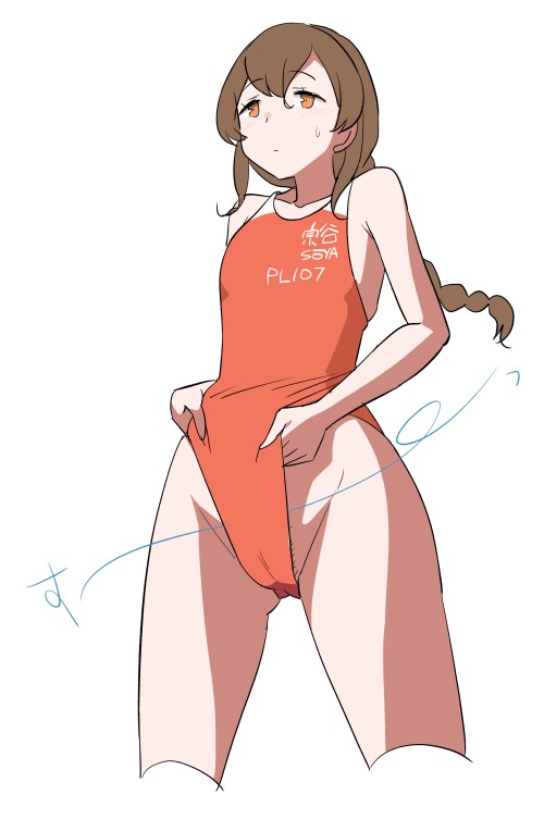 1girl, braid, brown_hair, clothes_pull, clothes_writing, competition_swimsuit, cropped_legs, from_below, frontal_wedgie, kantai_collection, long_hair, one-piece_swimsuit, one-piece_swimsuit_pull, orange_eyes, orange_one-piece_swimsuit, simple_background, single_braid, solo, souya_(kancolle), souya_agb_(kancolle), standing, swimsuit, tamu_(mad_works), two-tone_swimsuit, wedgie, white_background