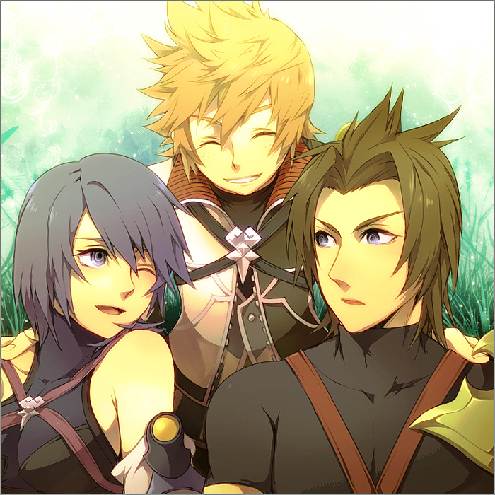 2boys, aqua_(kingdom_hearts), blonde_hair, blue_eyes, brown_hair, closed_eyes, kingdom_hearts, kingdom_hearts_birth_by_sleep, multiple_boys, open_mouth, short_hair, smile, terra_(kingdom_hearts), tore, tore_(ksg666xxx), ventus_(kingdom_hearts)