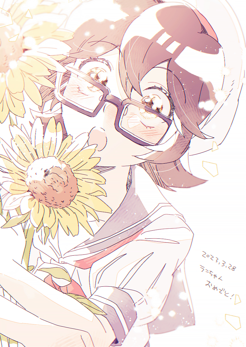 1girl, :o, atom:_the_beginning, blush, brown_eyes, brown_hair, dated, flower