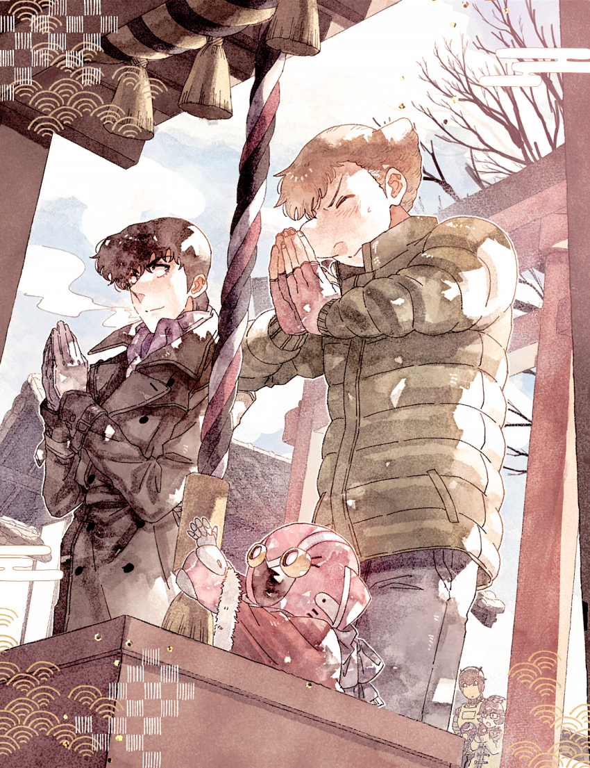 1girl, 2boys, 2others, a106, a107, atom:_the_beginning, bare_tree, black_coat