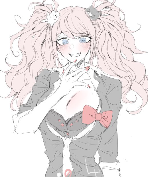 1girl, bear_hair_ornament, black_bra, blue_eyes, blush, bow, bra, breasts