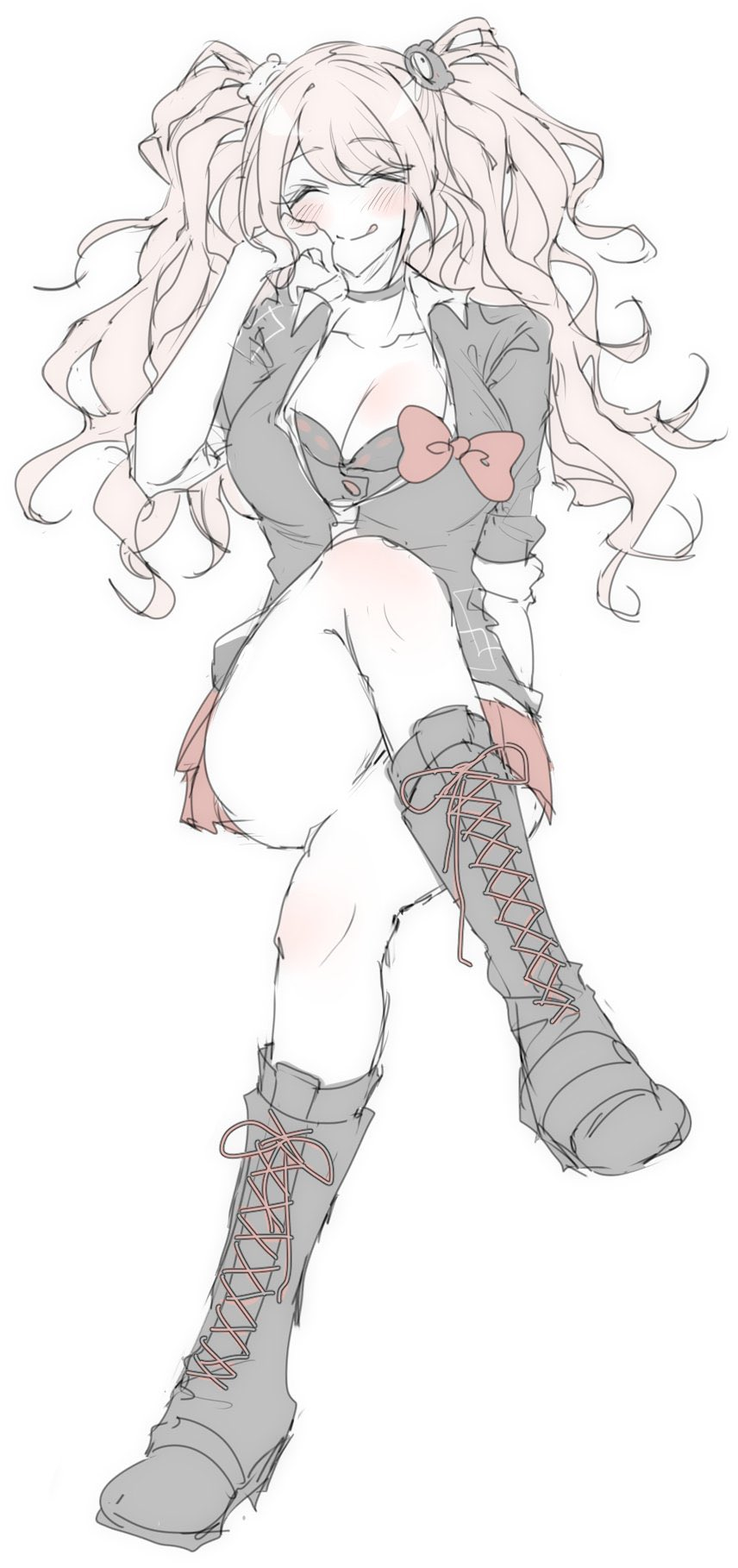 1girl, :q, arm_support, black_boots, black_bra, black_choker, black_shirt, blonde_hair