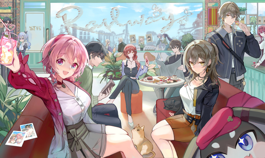 1other, 5boys, 6+girls, :d, alternate_costume, apron, arm_up, bartender