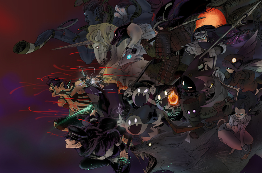 3girls, 4boys, armor, atlus, bad_id, bad_pixiv_id, black_frost, boomerang, cape, cerberus_(megami_tensei), cu_chulainn_(megami_tensei), demi-fiend, demon, demon_(megami_tensei), devil_summoner_(series), electricity, fang, fenrir_(shin_megami_tensei), fire, furuna, hat, high_pixie_(megami_tensei), horns, ice, inugami_(megami_tensei), jack_frost_(megami_tensei), katana, kuzunoha_raidou, lance, lilim_(megami_tensei), makami_(megami_tensei), mokoi_(megami_tensei), multiple_boys, multiple_girls, muu_shuwuu_(megami_tensei), pixie_(megami_tensei), polearm, raiho, sandman_(megami_tensei), school_uniform, shako_cap, shin_megami_tensei, shin_megami_tensei_iii:_nocturne, shiva_(megami_tensei), shiva_(shin_megami_tensei), shive_(shin_megami_tensei), snake, spear, sword, tail, tattoo, titania_(megami_tensei), unicorn, unicorn_(megami_tensei), weapon, wings, yoshitsune_(megami_tensei)