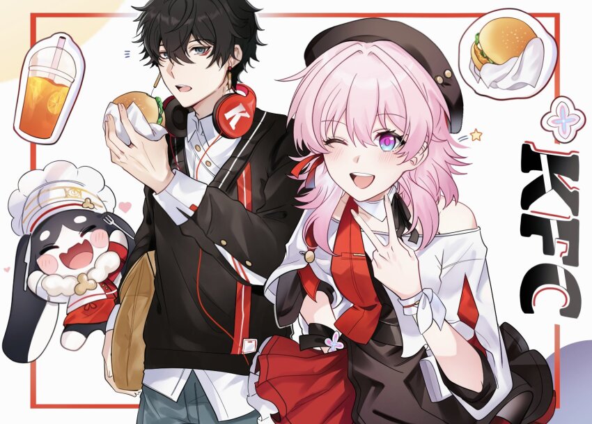 1boy, 1girl, 1other, bare_shoulders, beret, black_headwear, blue_eyes, blush