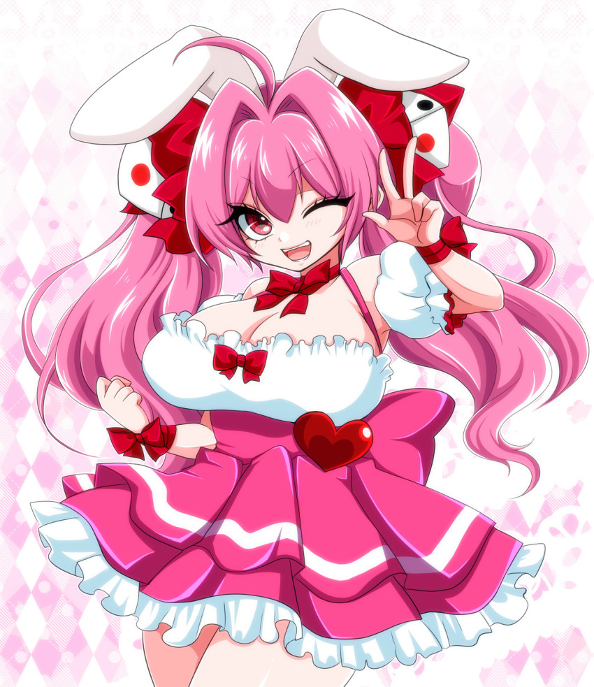 1girl, ahoge, animal_ears, argyle_background, argyle_clothes, bow, breasts, clenched_hand