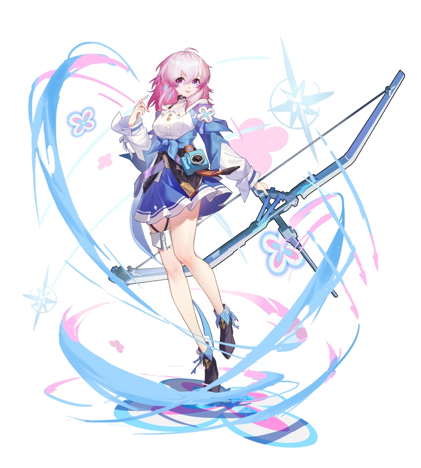 1girl, absurdres, ahoge, ankle_boots, black_boots, black_choker, black_corset, blue_eyes, blue_jacket, blue_skirt, boots, bow_(weapon), breasts, buttons, camera, chinese_commentary, choker, commentary_request, corset, earrings, flower_ornament, full_body, hand_up, highres, holding, holding_bow_(weapon), holding_weapon, honkai:_star_rail, honkai_(series), jacket, jewelry, long_sleeves, looking_at_viewer, march_7th_(honkai:_star_rail), march_7th_(preservation)_(honkai:_star_rail), medium_breasts, medium_hair, miniskirt, multicolored_eyes, open_mouth, pink_eyes, pink_hair, pipirya, pleated_skirt, shirt, single_earring, skirt, smile, solo, teeth, thigh_strap, tied_jacket, two-tone_eyes, upper_teeth_only, weapon, white_shirt