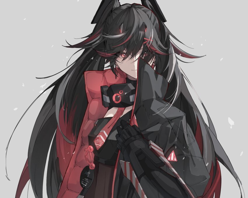 1girl, black_dress, black_hair, black_jacket, closed_mouth, colored_inner_hair, commentary_request, dress