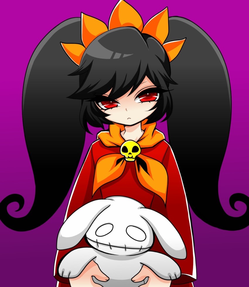 1girl, ashley_(warioware), black_hair, closed_mouth, dress, eyelashes, frown, fujiwhite182, headdress, highres, holding, long_sleeves, looking_at_viewer, neckerchief, nintendo, orange_headwear, orange_neckerchief, purple_background, red_dress, red_eyes, simple_background, skull_ornament, solo, stuffed_animal, stuffed_rabbit, stuffed_toy, twintails, upper_body, warioware