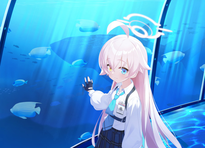 1girl, against_glass, ahoge, aquarium, artist_request, black_gloves, blue_archive, blue_eyes