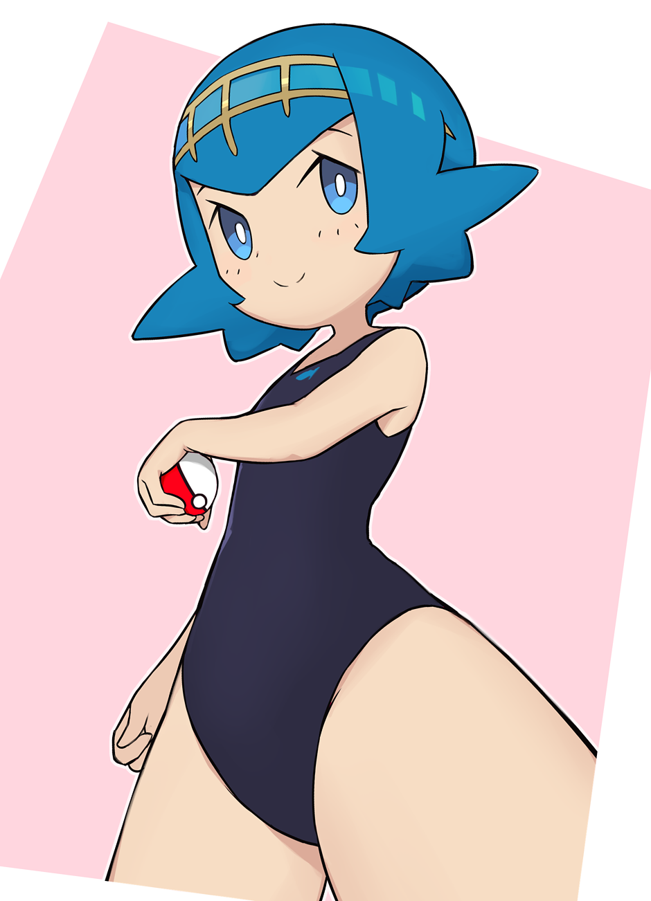 1girl, blue_hair, highres, lana_(pokemon), nintendo, one-piece_swimsuit, poke_ball, pokemon